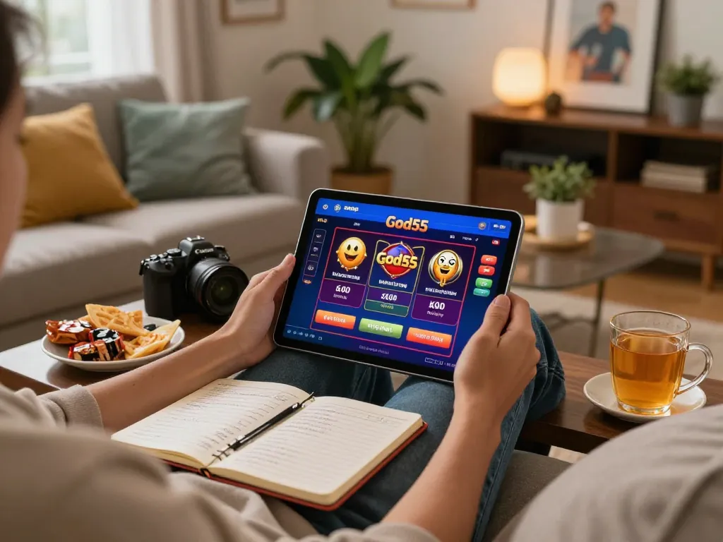 Player enjoying God55vn online gaming on tablet with strategic notes in a cozy home.