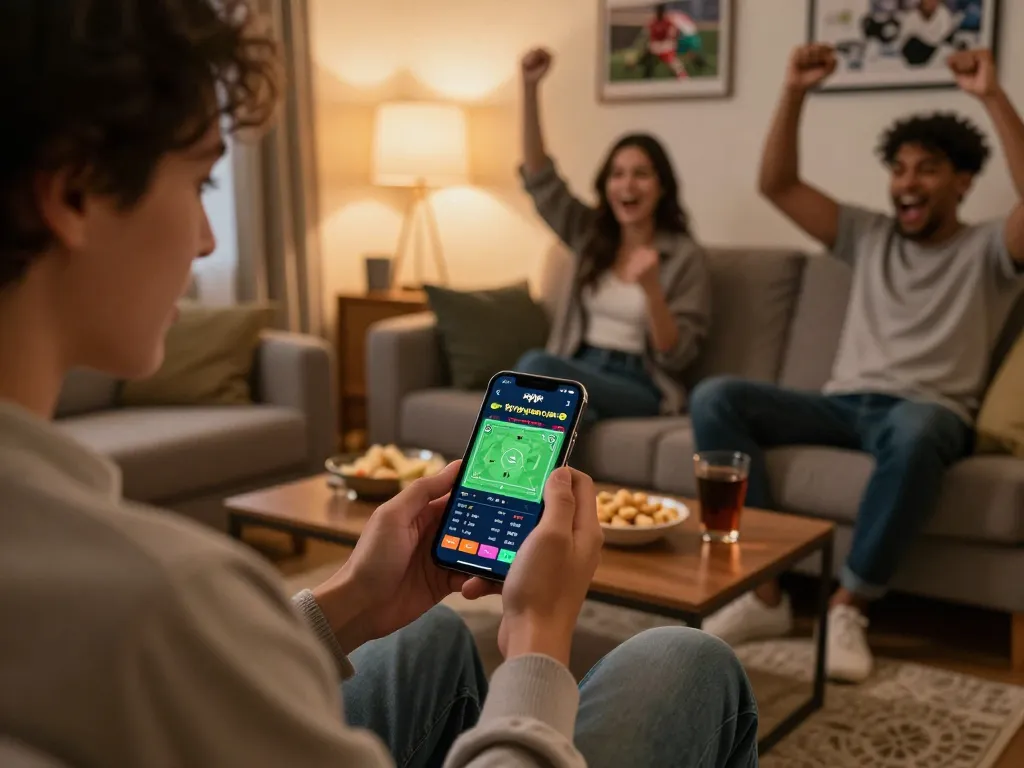 Tỷ lệ bóng đá kèo nhà cái visible on mobile phone during exciting sports betting session in cozy living room