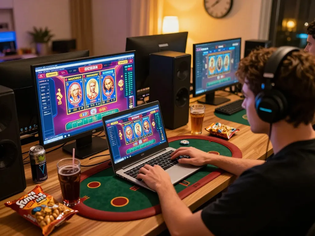 Engaged player exploring games on okfun com in a lively home gaming setup with diverse casino options.