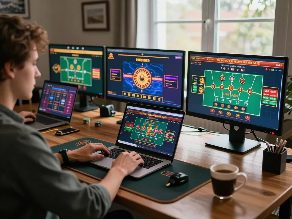 Player engaging in online gambling with tr88 live dealer games on laptop at cozy home desk
