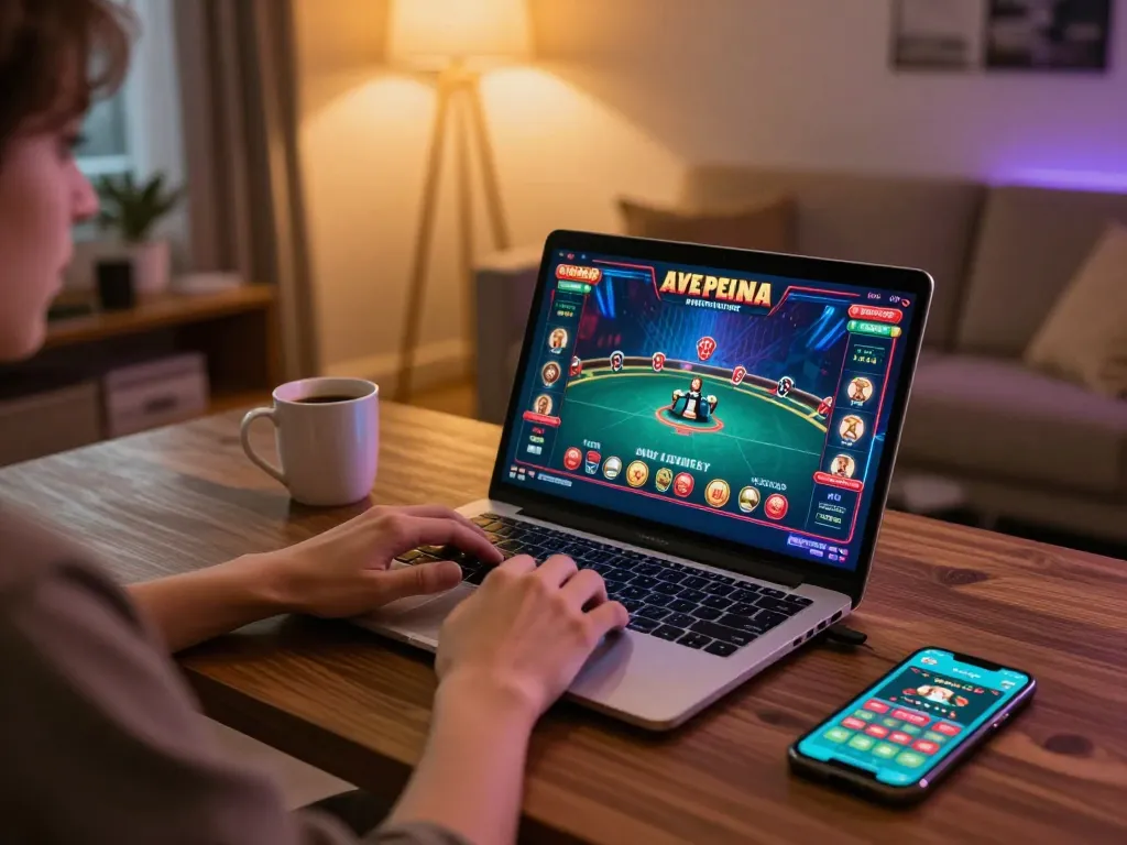Gambling scene showcasing a player engaged in online gaming at home with TR88 link visible on the screen.