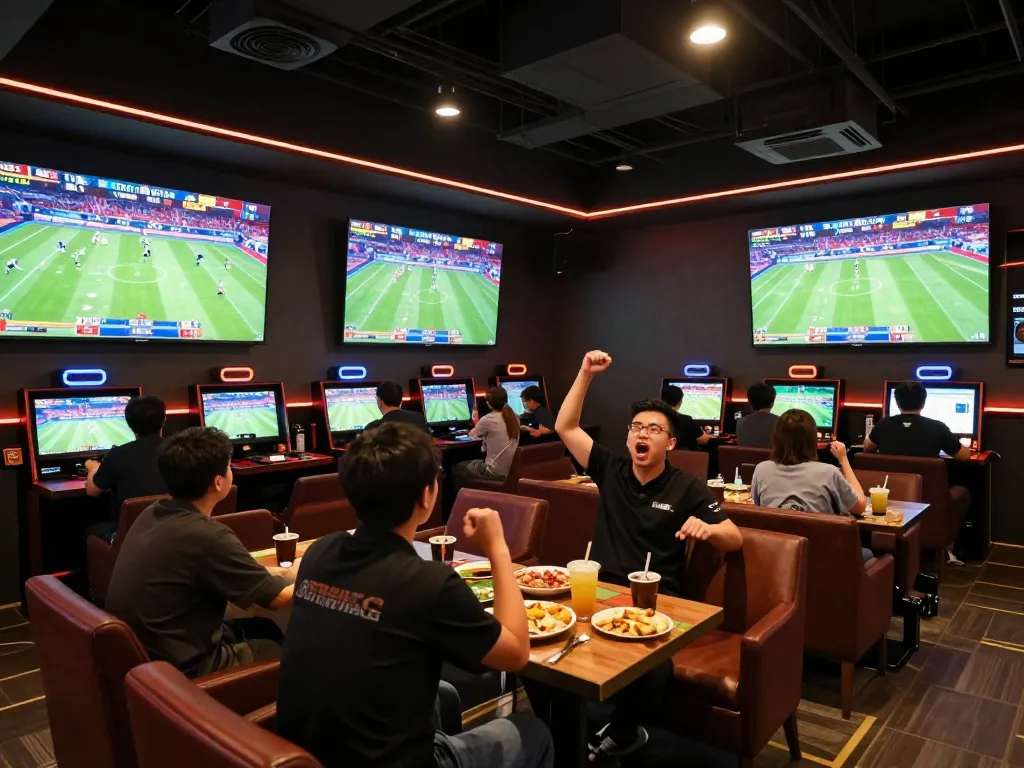 Experience gameradar excitement in a lively sports betting lounge with cheering fans and live screens.
