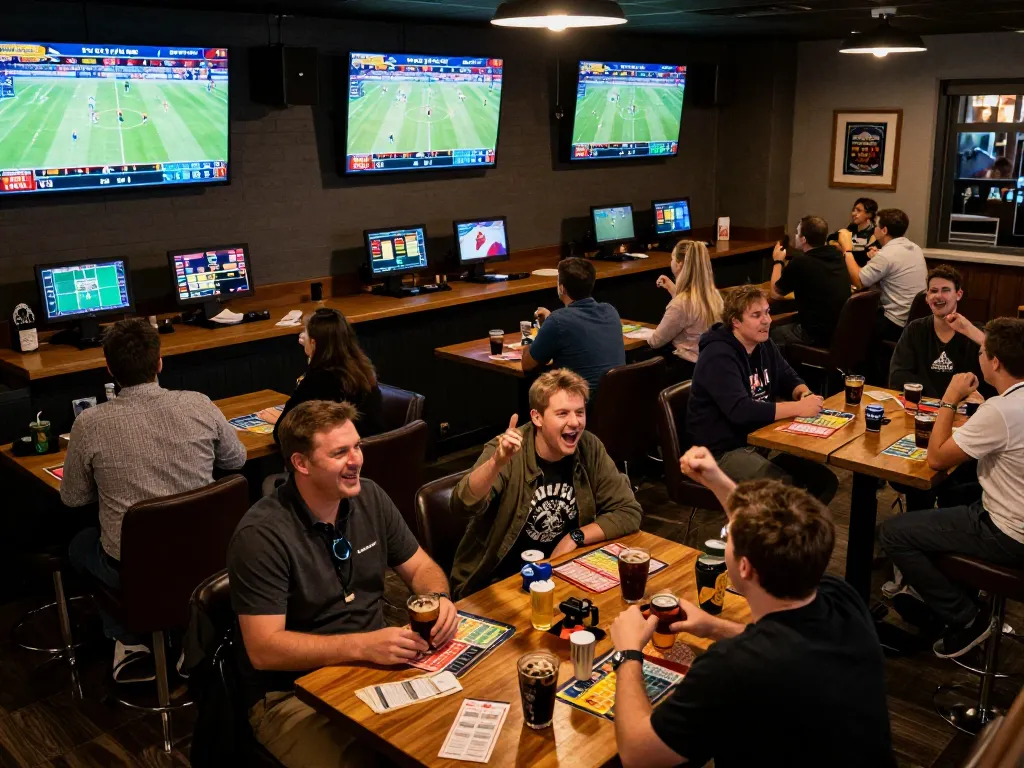 Nohu90 players actively placing bets in a lively sports bar atmosphere during live sports events