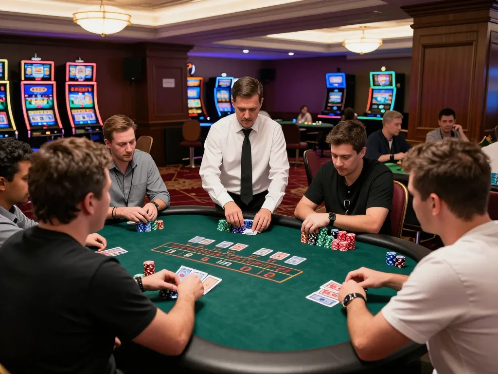 TT88 blackjack tournament with players focused on their cards, dealer managing bets, vibrant casino atmosphere