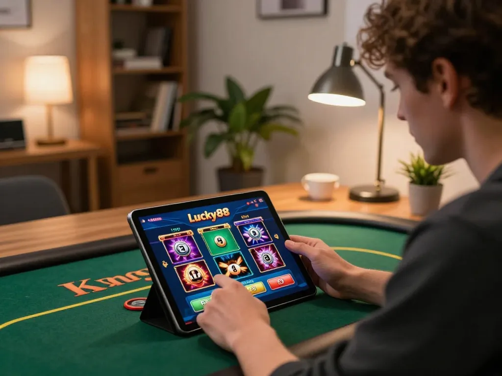 Engaged player exploring Lucky88 casino app on tablet in a cozy home setting.