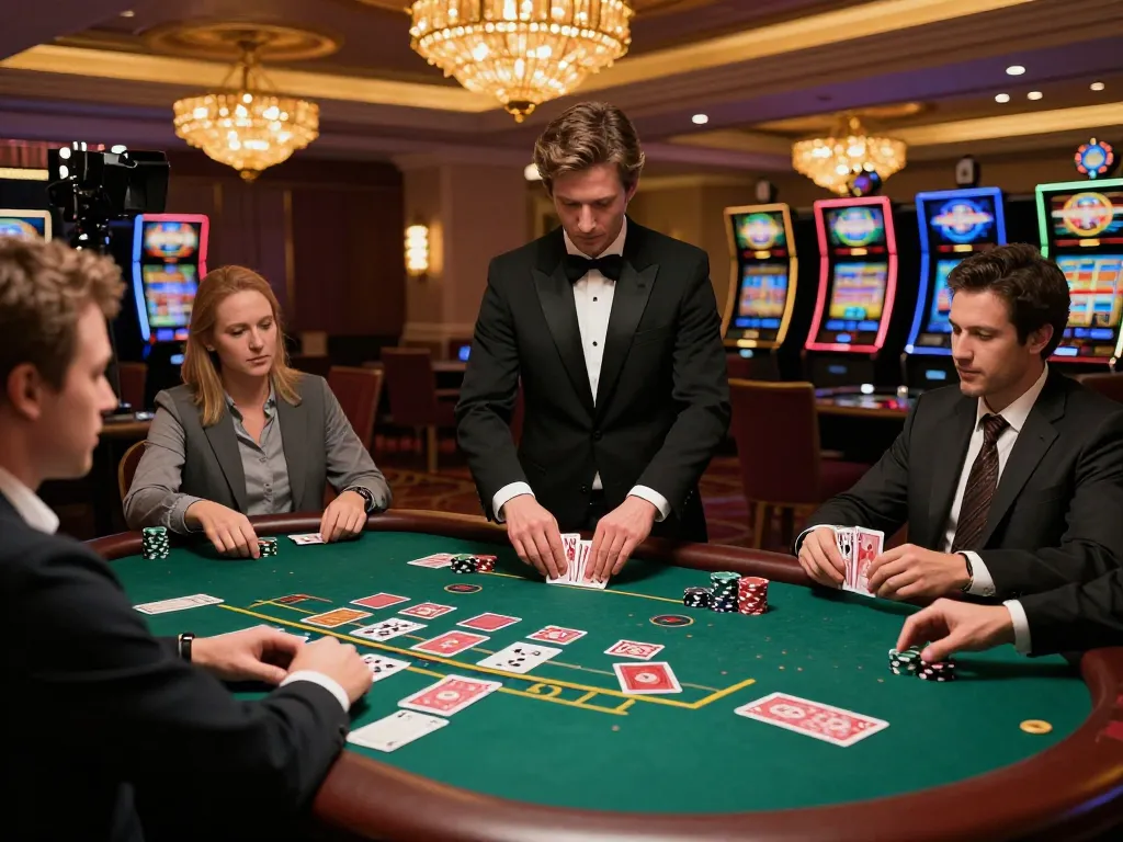 33win players strategizing at a blackjack table in a luxurious casino setting, showcasing engaging gameplay.