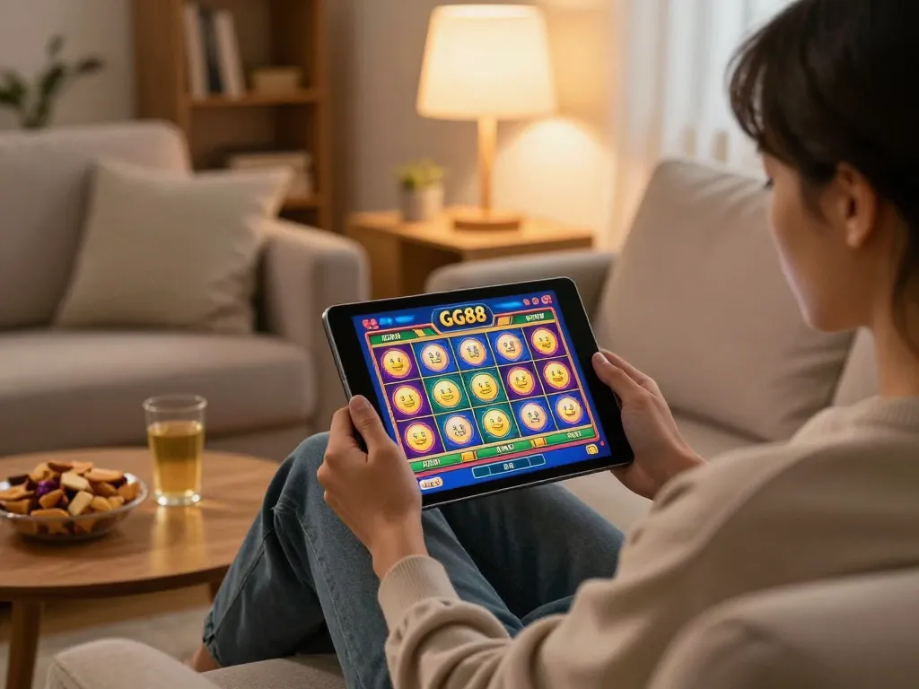 Playing online slots at GG88 on a tablet from a cozy home setting, conveying responsible entertainment.
