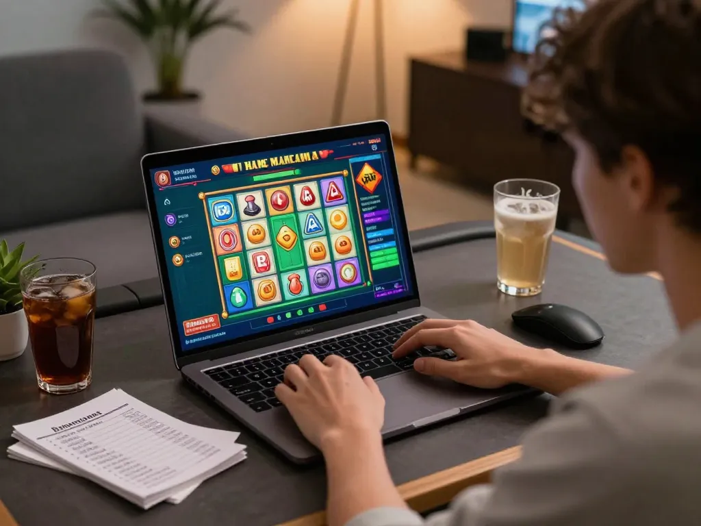 Player enjoying a situs gacor Mahjong slot game on a laptop, focusing on strategic gameplay with cozy atmosphere