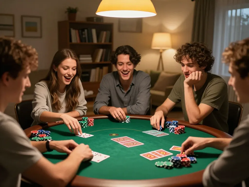 Players enjoying poker night at home, demonstrating strategic gameplay in a comfortable setting, featuring win55.
