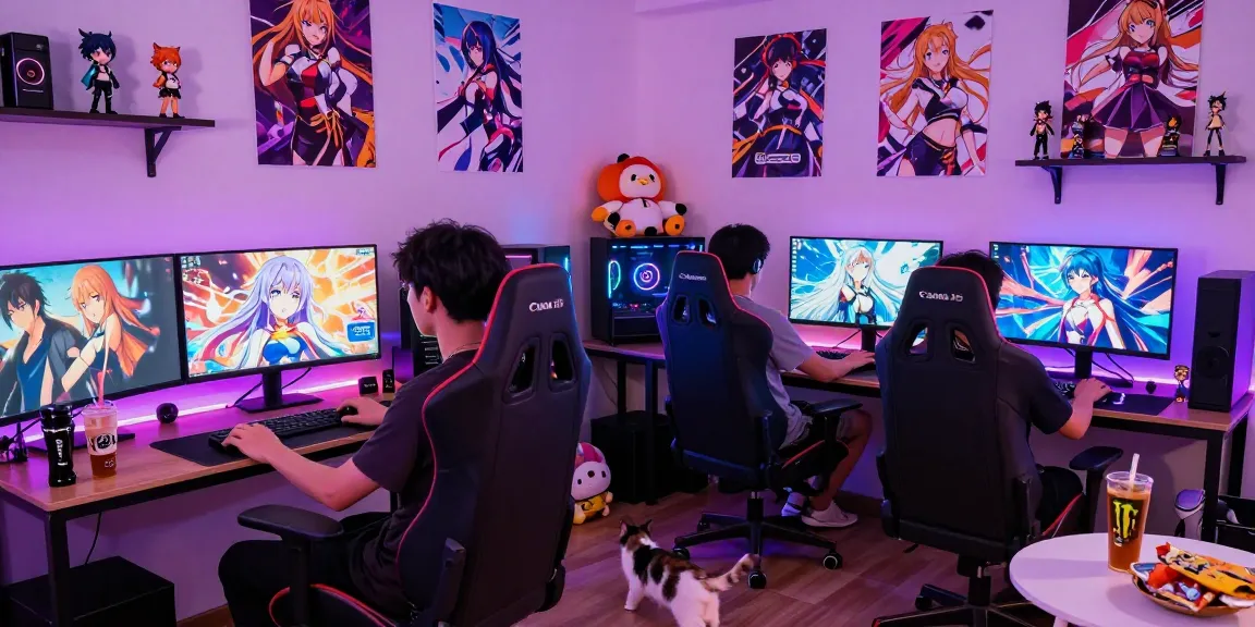 Engaging ecchi game environment with gamer, consoles, and vibrant decor.