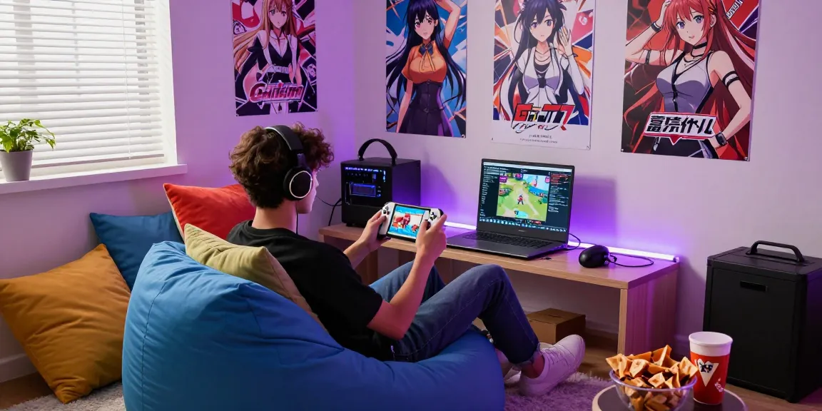 Gamer enjoying ecchi games in a cozy gaming corner with vibrant lighting and snacks.