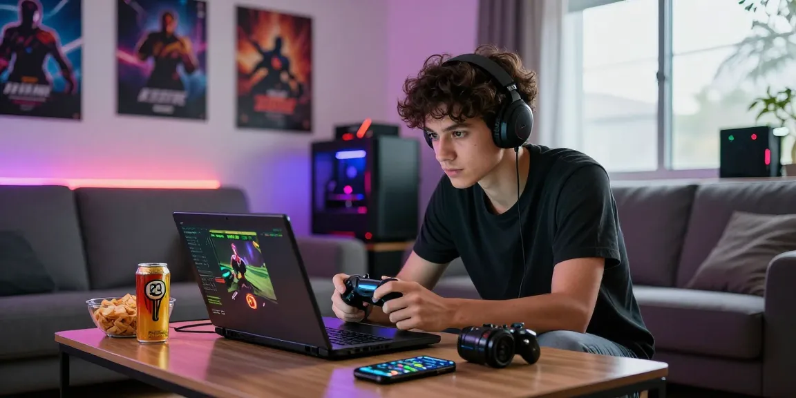 Raja Game login scene featuring a player engaged in online gaming with snacks and LED lights.