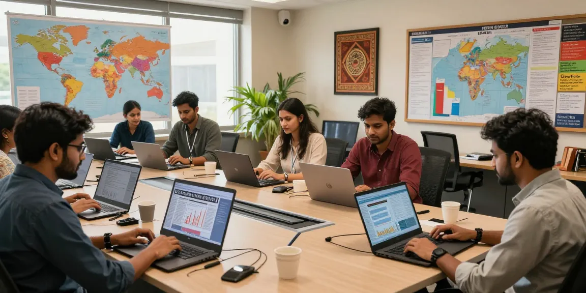 Newsroom at https://www.theindaily.com featuring diverse journalists collaborating on Indian news stories in a vibrant environment.